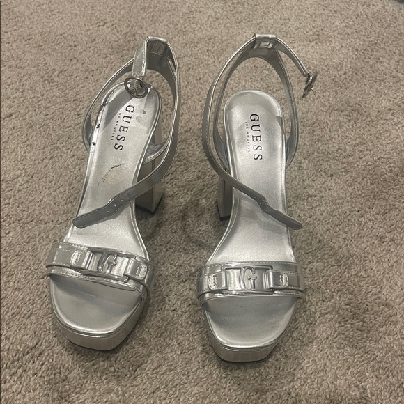 GUESS Metallic Silver Heeled Sandals - Picture 1 of 3